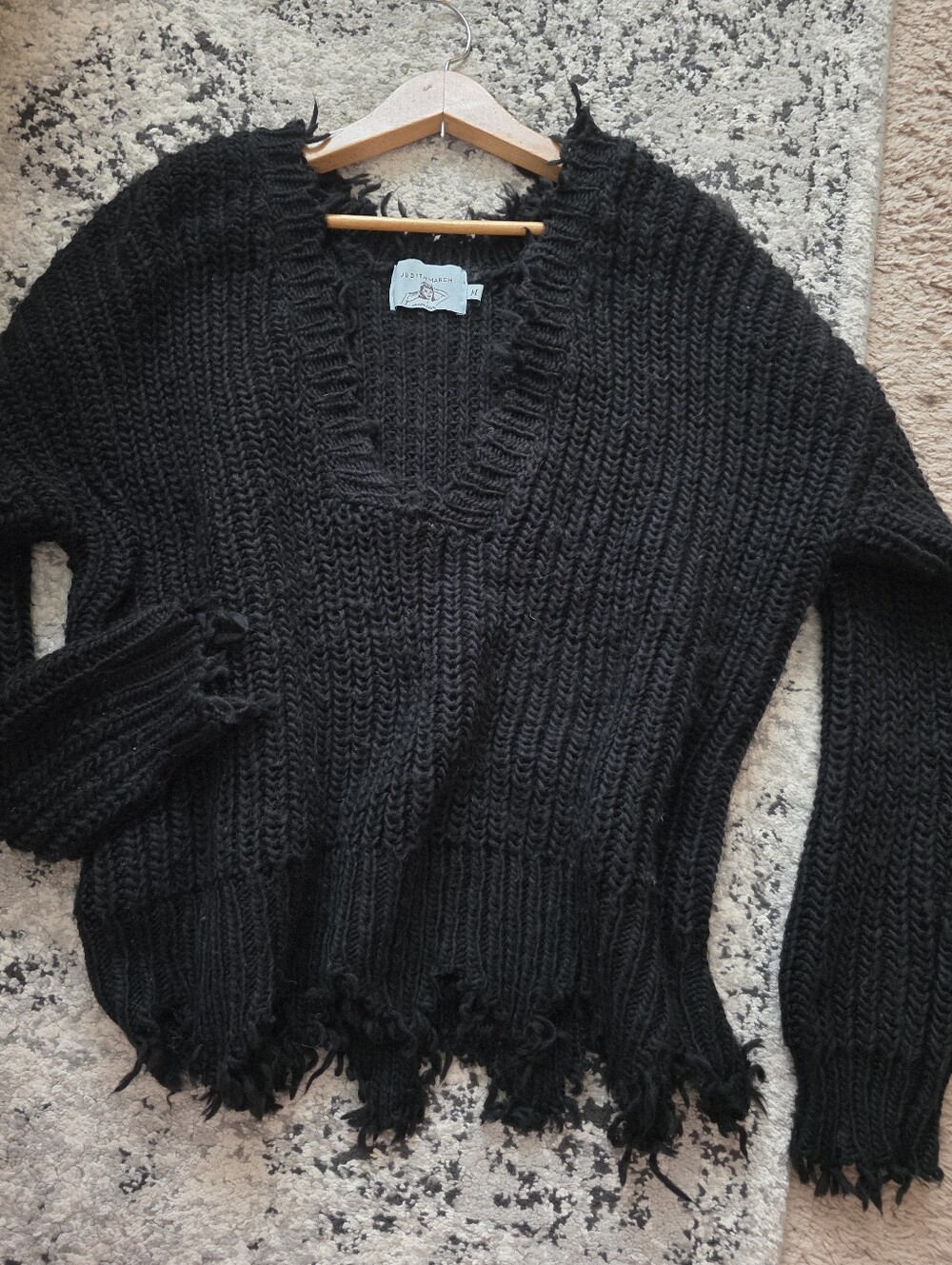Judith March Knit Distressed Vneck Sweater Womens M Black Boho Whimsygoth Chic